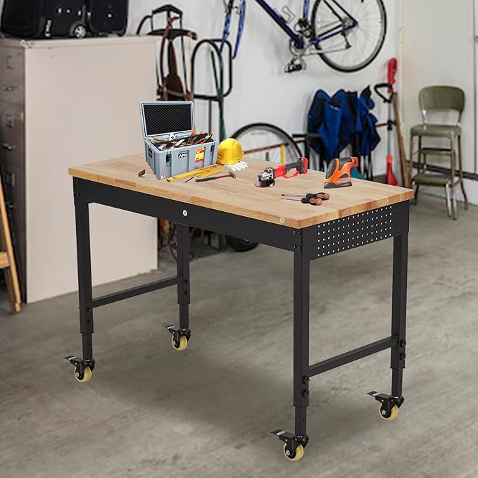 48" Workbench Heavy Duty, Adjustable Height Workstation with Drawer Storage, Backplate, 2000 LB Load Capacity, Multipurpose Rubber Wood Shop Table with Power Outlets, Hooks, Garage Storage