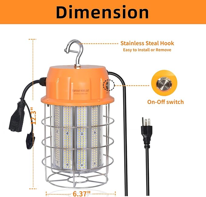 250W LED Temporary Work Light, Portable Hanging Work Construction Light,5000K 35,000 Lumens Light with Stainless Steel Shield and Hook,for Indoor Mine Job Site Lighting, Plug and Play