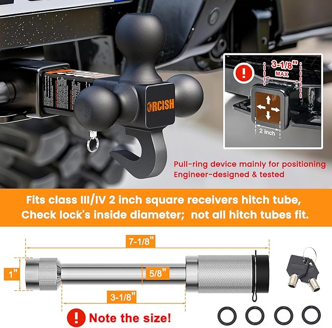 ORCISH 360° Swivel Trailer Hitch, Tri-Ball Mount with Heavy Duty Hook & Anti-Theft Lock, Matte Black Plated Trailer Ball Size 1-7/8", 2" and 2-5/16", Fit 2 Inch Hitch Receiver, Rotating Tow Hitch