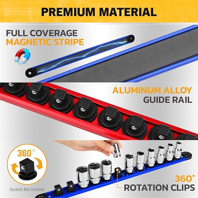 5-Piece Magnetic Socket & Bit Organizer Kit, 1/4" 3/8" 1/2" Heavy Duty Socket Holder Holds 40 Clips, Aluminum Sockets Rail for Tool Box Drawer, 1/4" Slidable Drill Bit Organizer Holds 80 Bits