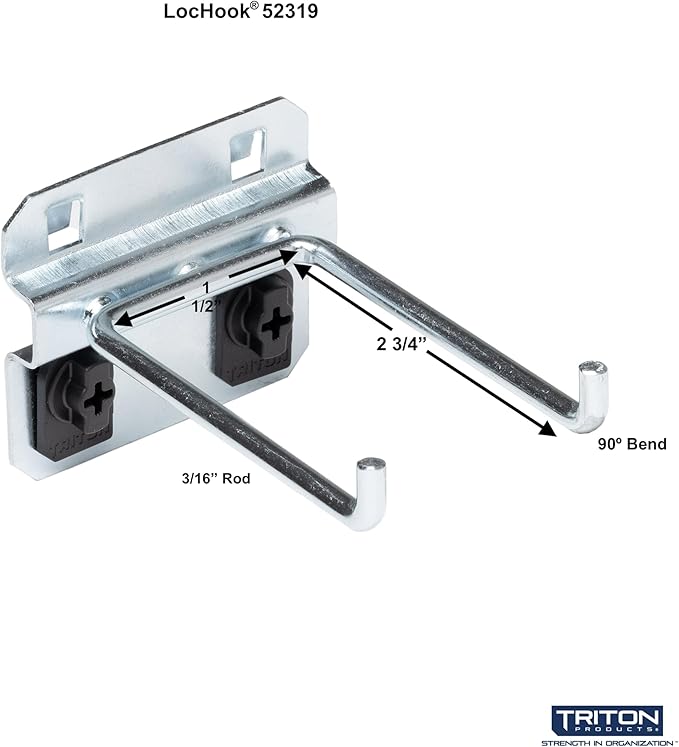 Triton Products 52319 LocHook 3 -Inch Double Rod 90-Degree Bend 3/16-Inch Diameter Zinc Plated Steel Pegboard Hook for LocBoard, 5-Pack