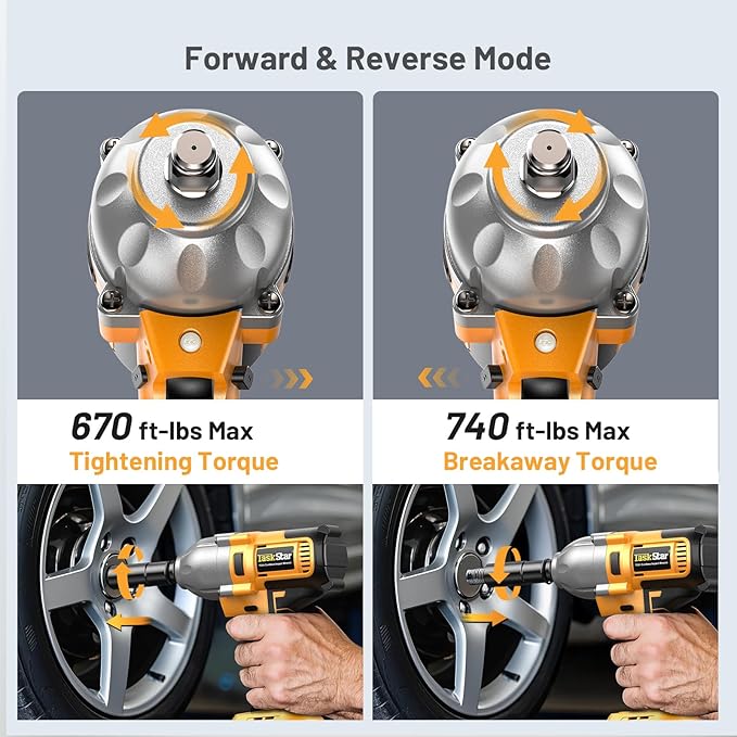 TaskStar Cordless Impact Wrench 740 Ft-lbs(1000N.m) 3300RPM High Torque 1/2 Inch Impact Gun, Electric Impact Driver, Brushless Motor, 2x4.0Ah Battery Fast Charger for Car Tires Truck Mower