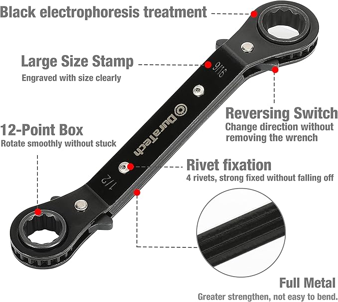DURATECH 1/2 Inch x9/16 Inch Double Offset Box End Reversible Ratcheting Wrench, SAE, Heavy-duty, Matte Chrome Plated, Ratchet Spanner Crooked for Narrow Spaces