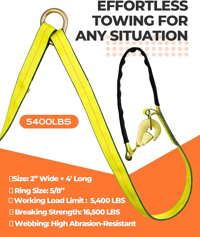 TKK Heavy-Duty V-Bridle Tow Strap 2" x 4' – 5,400 lbs Load Capacity | Snap Hooks, Axle Straps & Cordura Sleeve | D-Ring for Tow Truck & Flatbed Towing