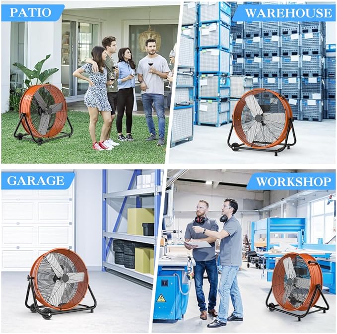 LifePlus 24 Inch Industrial Drum Fan High Velocity Floor Fan 3 Speed, Heavy Duty Metal Air Circulator with Adjustable Tilt & Large Wheel for Warehouse, Garage, Factory, Patio, Barn, Shop, Orange