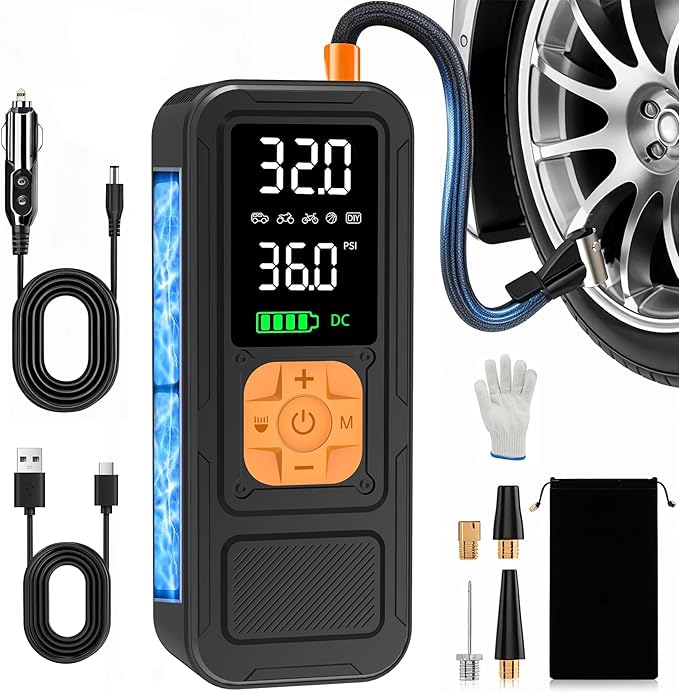 Y34 Tire Inflator Portable Air Compressor,4X Faster Inflation,10000mAh Cordless/12V DC 150PSI Air Pump for Car Tires with Digital Pressure Gauge/LED Light for Car,Motorcycle,Bike,Ball