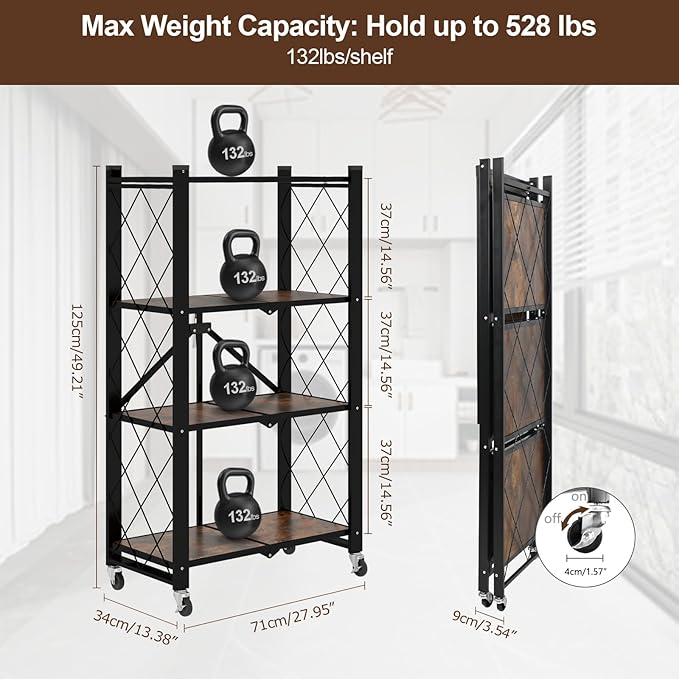 4 Tier Folding Shelf with Wheels, Wood and Metal Bookshelf, no Assembly Foldable Storage Shelves, Vintage Storage Rack for Living Room, Bedroom, and Home Office