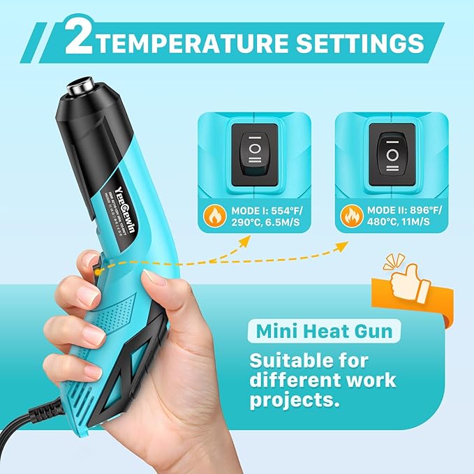 350W Mini Heat Gun with Dual Temp Settings 554℉ & 896℉ (290℃-480℃), Mini Hot air Gun with Overheat Protection Reflector Nozzle and 4.9Ft Long Cable for Crafts, Shrink Tubing and Epoxy Resin