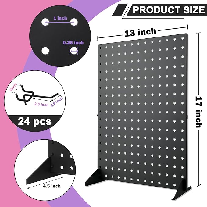 Acfunique 2 Pack Peg Board Display Stand for Vendors with 24 Hooks Metal Tabletop Pegboard Display Stand for Craft Shows 17" X 13" Retail Display Racks Peg Board Organizer Holder Black
