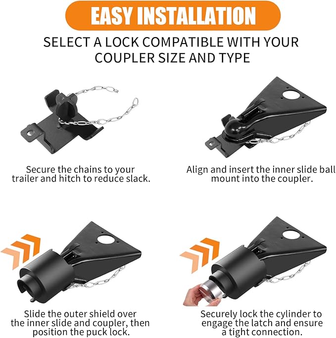 2" Heavy Duty Trailer Hitch Lock - Ball Coupler&Safety Chains Anti-Theft,Travel RV/Pop-Up Camper/Boat/Truck/Motorcycle/ATV/UTV/Flatbed/Cargo/Dump/Utility Trailer Tongue Lock Secure Design