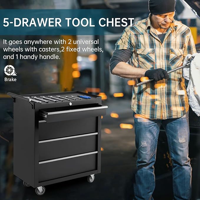 GarveeLife 4-Drawer Tool Box 24" Garage Tool Box with Key Lock and Removable Drawer Liners, Wheeled Design, Suitable for Garages, Warehouses, Workshops, and Repair Shops - Black