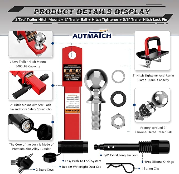 AUTMATCH Trailer Hitch Ball Mount with 2 Inch Hitch Ball - Fits 2" Receiver with Hitch Tightener, 8000Lbs Capacity Ball Hitch, 2-Inch Drop with 5/8" Hitch Lock Pin, Red