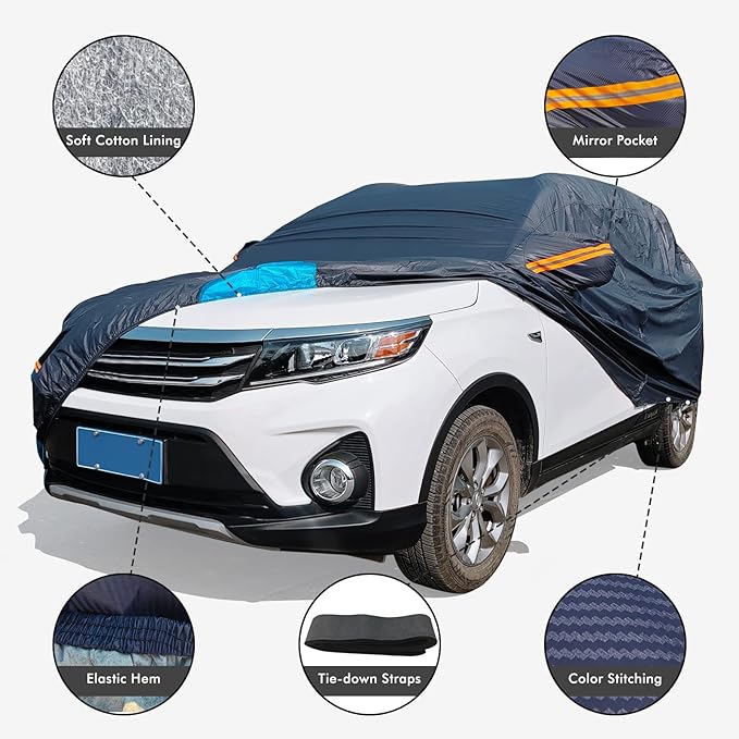 Car Cover Waterproof All Weather for Automobiles, 6 Layers Outdoor Full Exterior Cover Rain Sun UV Snowproof Protection with Zipper Cotton, Mirror Pocket for SUV (185-190 inch)