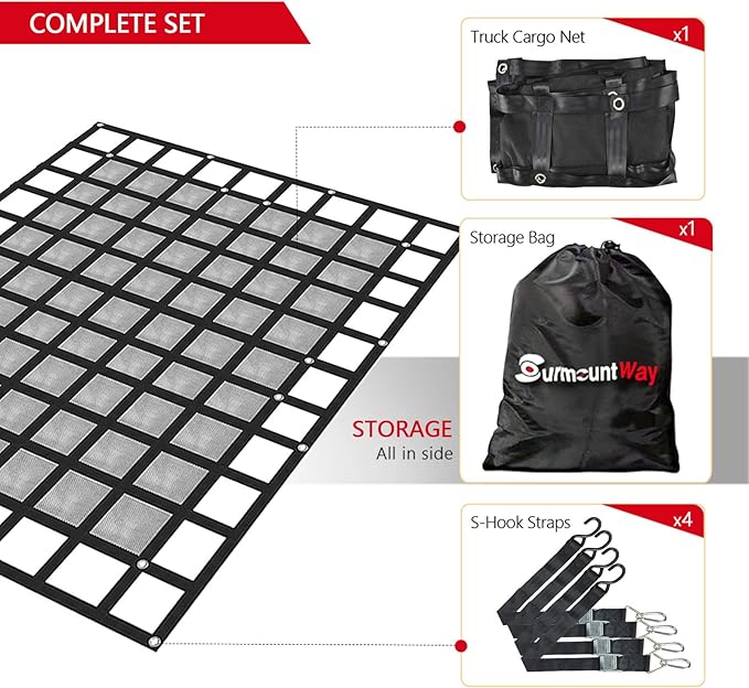 Surmountway Cargo Net for Pickup Truck Bed with Mesh(96" x 80"), Truck Bed Cargo Net Capacity 1100LBS, Heavy Duty Cargo Nets with Adjustable Cam Buckles & S-Hooks, Truck Cargo Net for Trailer Trucks