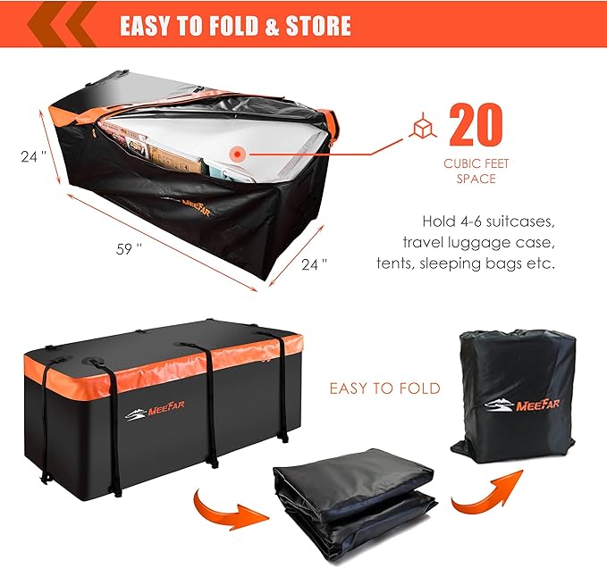 MeeFar Hitch Mount Cargo Carrier Bag Soft Shell 100% Waterproof 19.7 Cubic Feet (59" 24" 24") Include 8 Reinforced Straps for Truck Pickup All Vehicle with Steel Cargo Basket