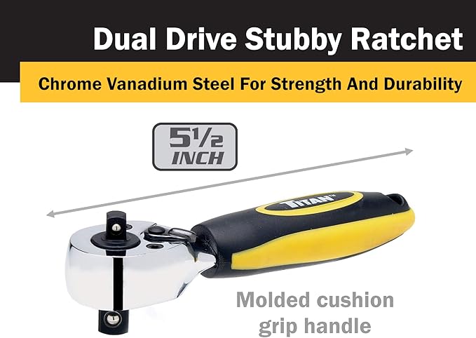 Titan 11050 1/4-Inch and 3/8-Inch Dual Drive x 5-1/2-Inch 72-Tooth Dual Head Stubby Ratchet
