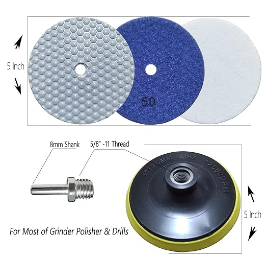 5 Inch Dry Diamond Polishing Pads, 11PCS Wet/Dry Granite Stone Buffing Pad Kit for Marble Concrete Quartz Tiles - High Temperature Resistance Sand Disc for Drill Grinder Polisher