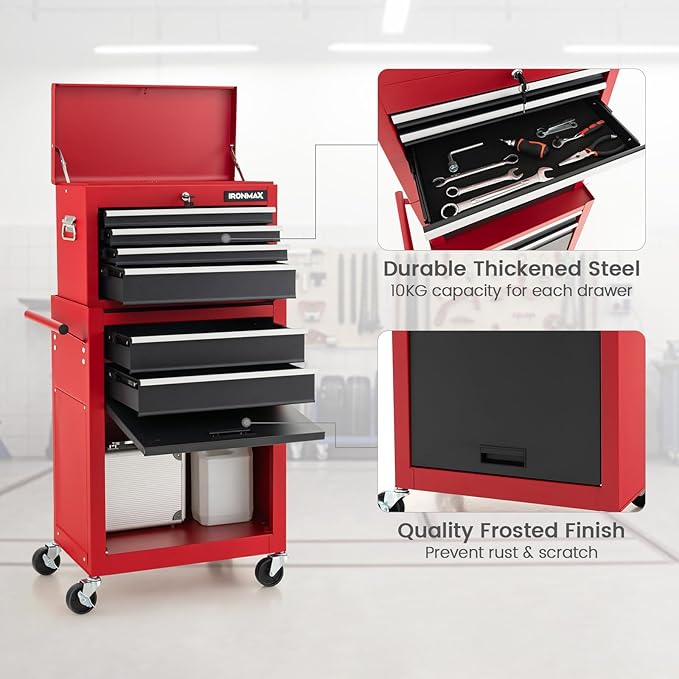 ERGOMASTER Rolling Tool Chest Cabinet Big Capacity Storage with Wheels and Lock Key, Portable Tool-Box Organizer with Sliding Drawers - 6 Drawers & BlackRed