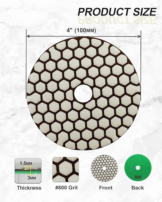 Dry Diamond Polishing Pads 4"/100mm - 8pcs Grit 800 Polish Pad Kit for Granite Marble Artificial Stone Quartz for Angle Grinder SANLEETEK