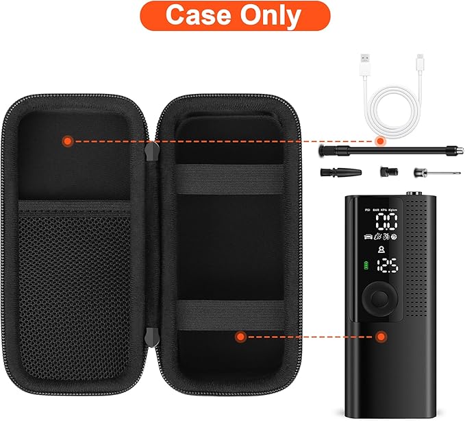 Canboc Carrying Case Compatible with Air moto Tire Inflator Portable Air Compressor, Air Pump for Car Tires Travel Bag, Mesh Pocket fit Air Hose, USB Cable and Accessories, Black (Case Only)