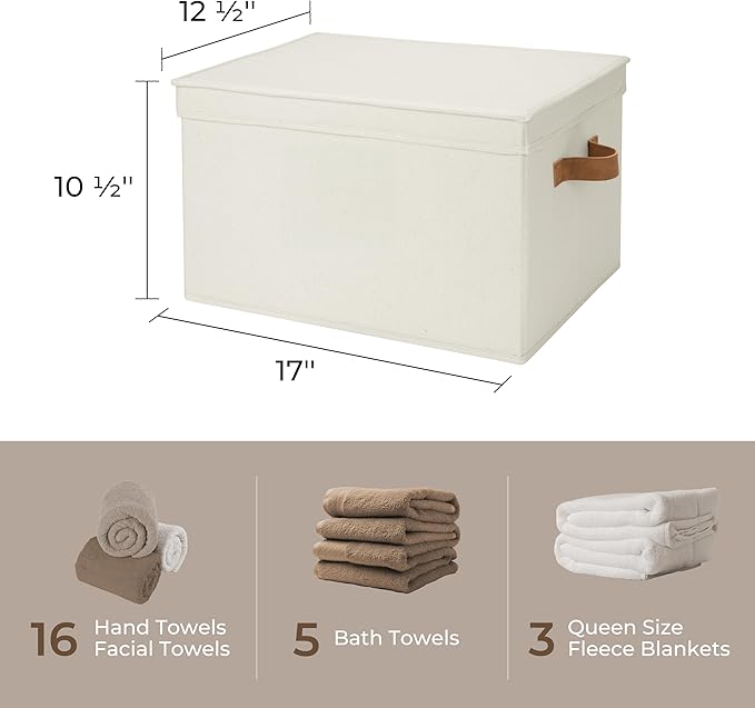 StorageWorks Storage Bins with Lids, Decorative Storage Boxes with Lid and PU Handles, Foldable Storage Baskets for Closet, Shelves, Stackable, Ivory, Jumbo, 3-Pack