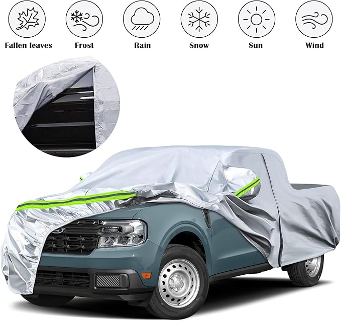 Waterproof Car Covers Replace for 2021-2025 Ford Maverick, 6 Layers Silver All Weather Car Cover with Zipper Door & Windproof Bands for Snow Rain Dust Hail Protection