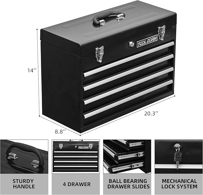 Metal Tool Box with 4 Drawers Portable Steel Tool Chest with Metal Cylinder Lock and Latch Closure, liner, Black and Red two color Powder coating, suitable for Garage, Warehouse and Outdoor Repair job