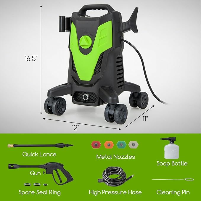 Goplus Electric Pressure Washer, 2400 PSI 1.7 GPM High Pressure Power Washer w/4 Quick Nozzles & Universal Wheels, Portable Pressure Washer IPX5 Car Wash Machine, Cleaning Garden Car Floor (Green)