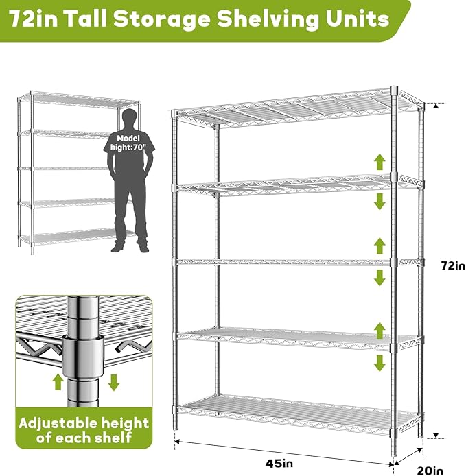 45" W x 20" D x 72" H Heavy Duty Wire Shelving Unit, 5-Tier Utility Storage Rack 2000 lbs Capacity, Adjustable Garage Shelves for Kitchen Garage Pantry, Easy Assembly