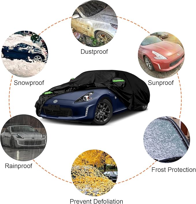 Waterproof Car Covers Replace for 2009-2023 Nissan 370Z, 6 Layers Custom-Fit Outdoor All Weather Car Covers with Zipper Door & Windproof Bands for Snow Rain Dust Hail Protection