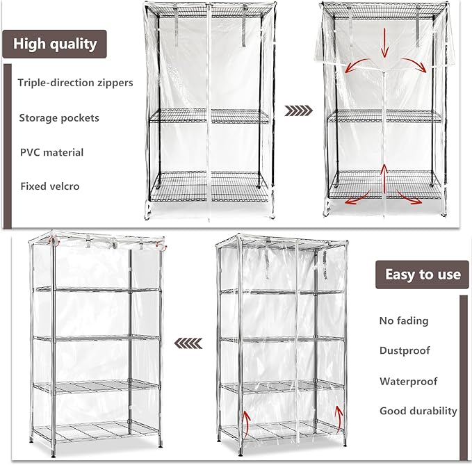 okcool Waterproof Shelf Cover,All Clear Wire Shelf Cover with Zipper,Transparent PVC Clearly Visible.(Fits 48" Wx24 Dx72 H Shelves)