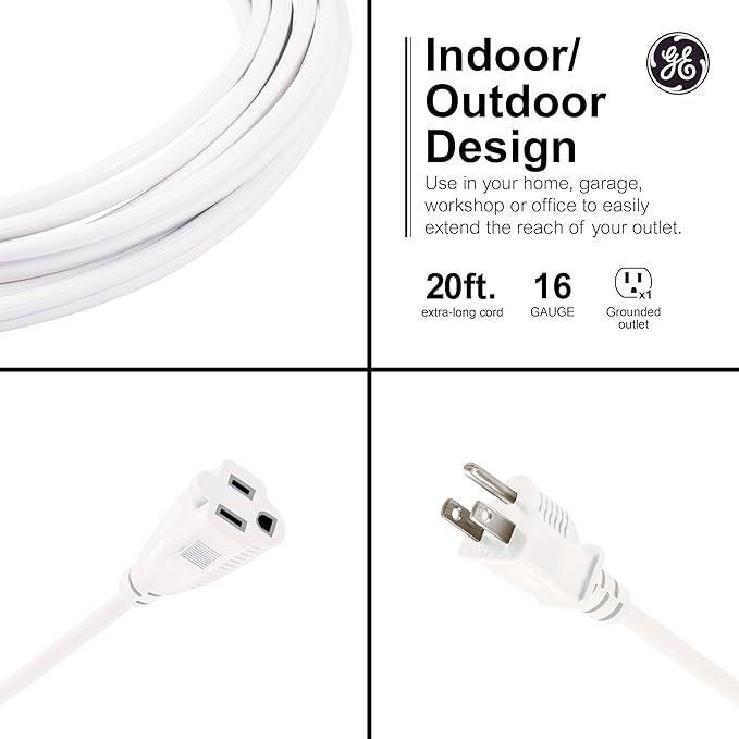 GE Outdoor Extension Cord Waterproof, Heavy Duty, 16AWG 3, 13 Amp 20 Ft, Long, UL Listed, White Outdoor Extension Cord, 81598