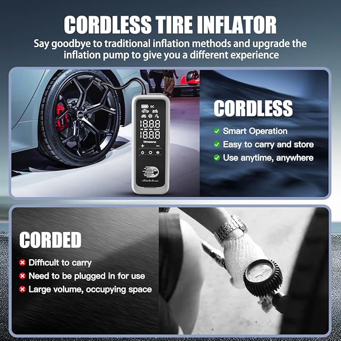 Tire Inflator Portable Air Compressor/Pump for Car Tires w/Digital Tire Pressure Gauge - Air Compressor (160 PSI) - Motorcycle, Electric Bike Pump and Bicycle Pump w/LED Light