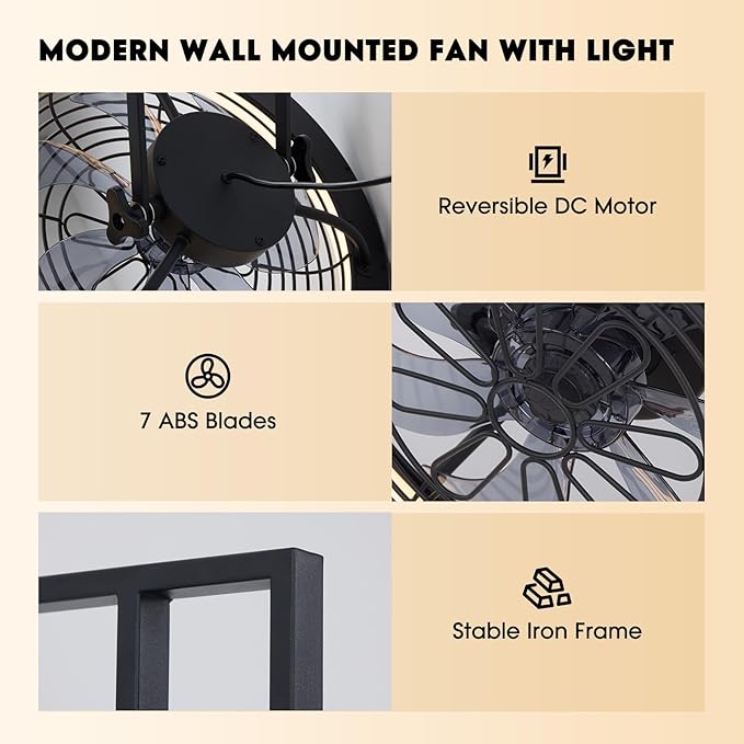 Wall Mounted Fan with Lights, 20” Wall Mount Fan with Remote, 6 Speeds Plug in Wall Fan, Reversible, 3CCT, Dimmable, Noiseless, 360°Adjustable Tilt for Workshop, Patio, Home