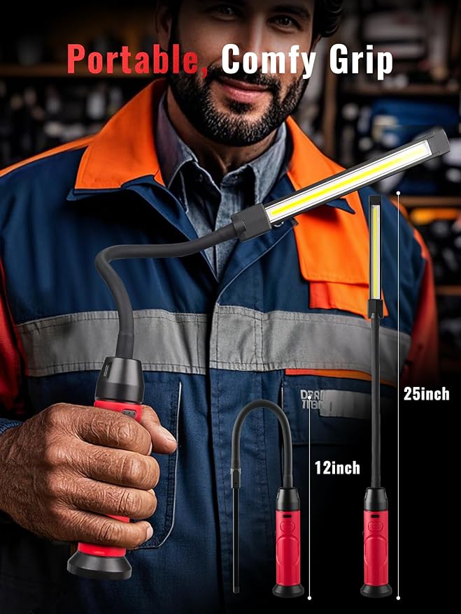Rechargeable Work Light Magnetic, 800LM LED Work Light with Flexible Gooseneck, 3 Modes Mechanic Light for Work Bench, Auto Repair, Lathe, Gift for Men