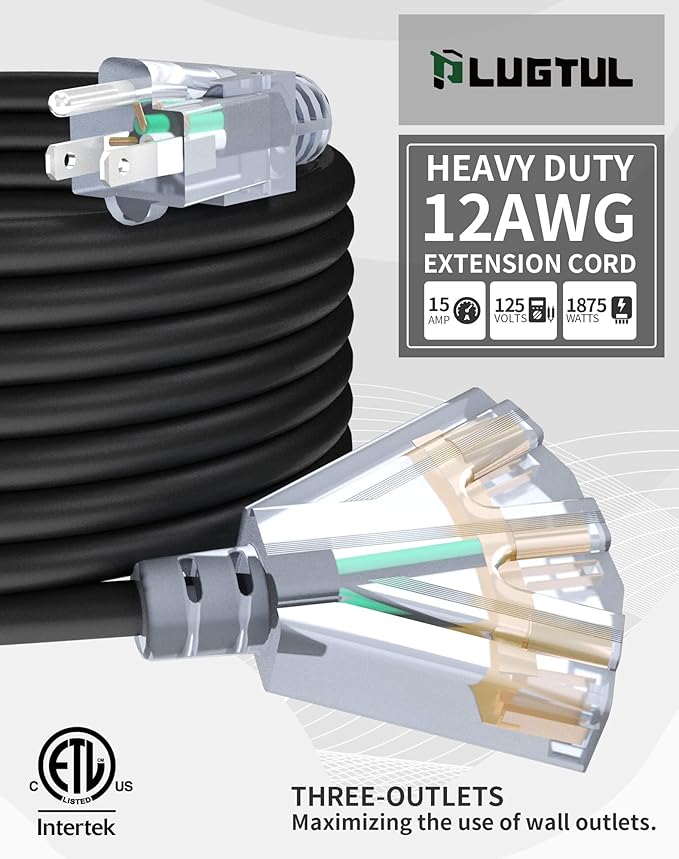 25Ft 12/3 Outdoor Extension Cord with 3-Outlets, Heavy Duty 12 Gauge 3 Prong Extension Cord Waterproof with Lighted end, 15A 12AWG 1875W SJTW, ETL Listed - Great for Garage, Garden and Home, Black