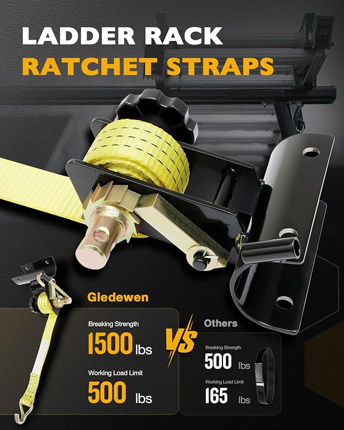 Ladder Rack Straps, W/J-Hook (4 Pack), 2" Black Round Tube Mount, 1.5" Wide x 7.5' Long, Yellow Ladder Rack Ratchet Straps, 500 lbs Load Heavy Duty, Truck/Lumber Rack Strap, Pipe/Roof Rack Straps