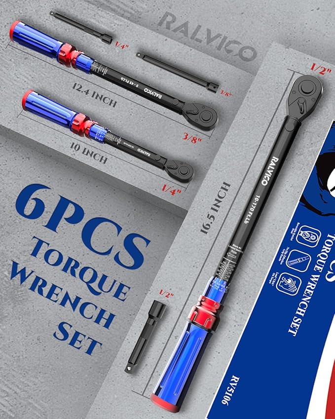 Torque Wrench Set 1/4'' & 3/8'' & 1/2'' ±3% Accuracy 72-Tooth Dual Scale Dual-Direction Adjustable Drive Click Torque Wrench 5-45 Ft.Lb& 20-220 In.Lb& 10-170 Ft.Lb for Bike,Car,Moto,Truck,DIY