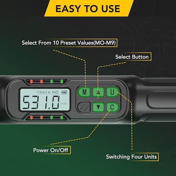 Digital Torque Wrench 3/8 Drive, 2.2-44.3 ft-lbs,Inch Pounds Electric Wrench, Torque Wrenches, Snap on Wench for Bicycle & Moto Maintenance