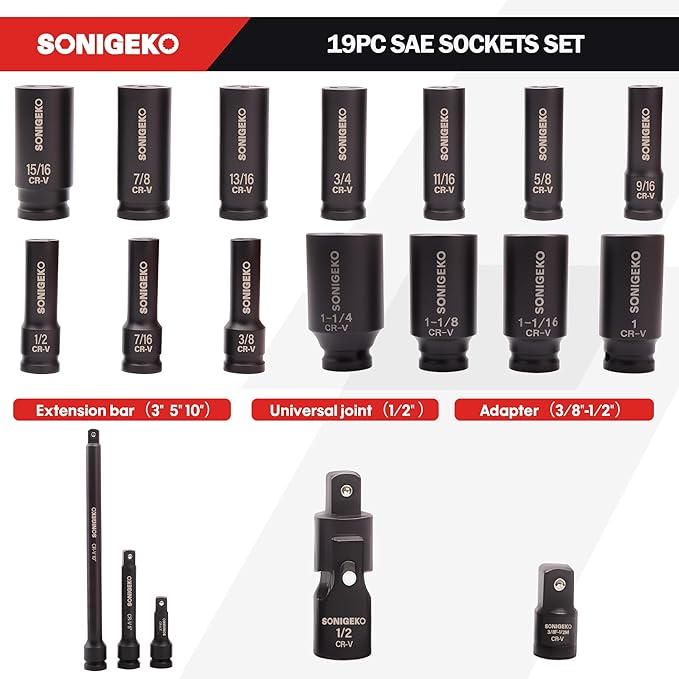 Socket Set 1/2" Drive Impact Socket Set,19-Piece 6 Point Deep, SAE CR-V Steel Sockets with Extension Bars, Universal Joint and Adapter (1/2" 19 PCS SAE)