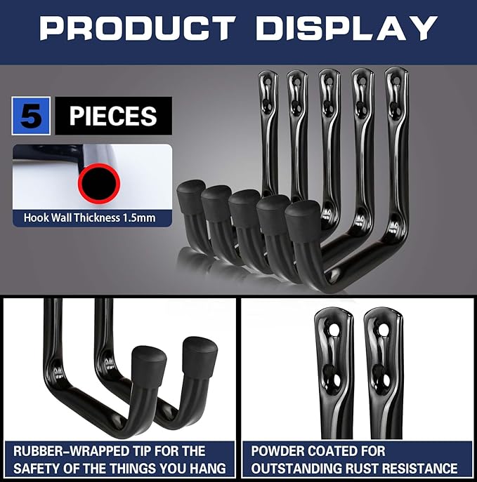 Dreecy J Utility Hooks for Hanging Heavy Duty Garage Storage Utility Hooks, Utility Hook for Garage Wall,Color Black, 5 Pack