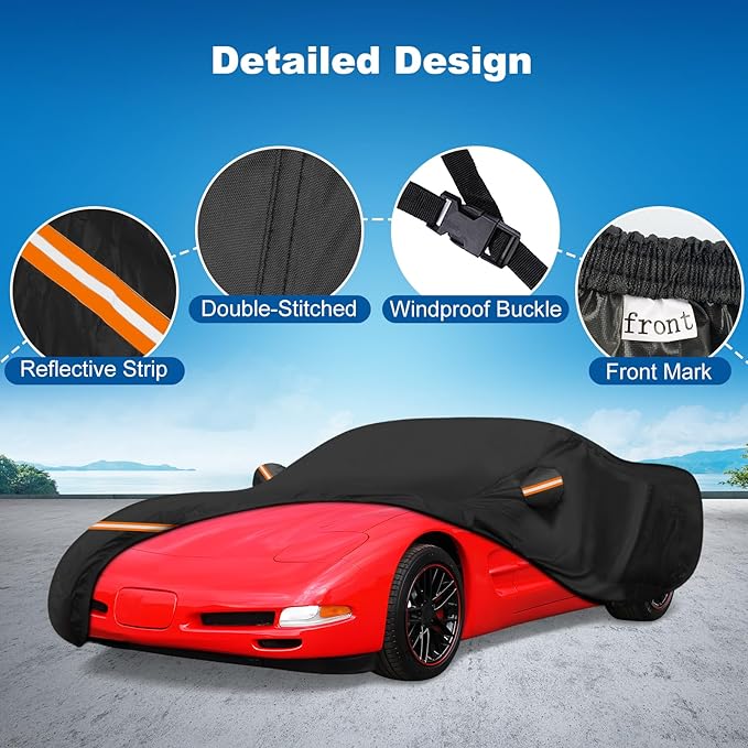QUNSUNUS 6 Layer Car Cover for C5 Corvette 1996-2004 Waterproof All Weather Windproof for Corvette Car Cover Hail Protection with Zipper