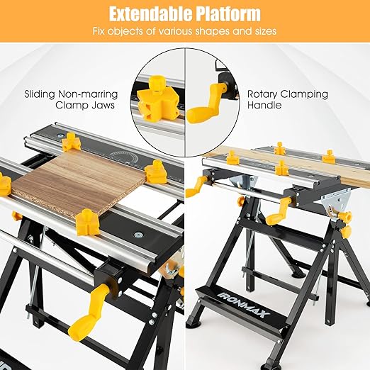 Portable Workbench, Folding Work Bench and Vise with 2 Rotary Handles, 7-Level Adjustable Height, 8 Sliding Clamps, Tiltable & Extendable Tabletop, Workbench Table for Garage, Workshop