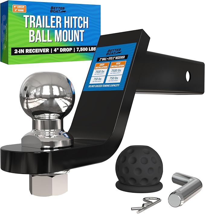 2 Inch Ball Hitch Mount Kit with Trailer Ball, Pin and Cover, Fits 2 Inch Receiver, 7500 lbs, 4 Inch Drop and 2 Inch Rise - Better Boat