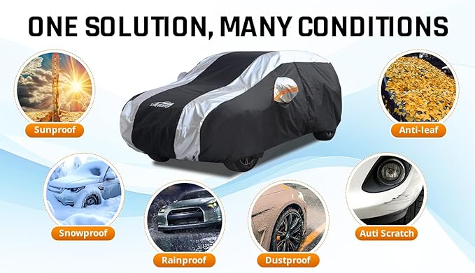 SUV Cover Waterproof All Weather Protection with Silver Stripe Design, Car Cover Universal Fit Ford Explorer, Toyota Highlander, Honda Pilot, Dodge Durango, BMW X5 X6, Lexus RX350