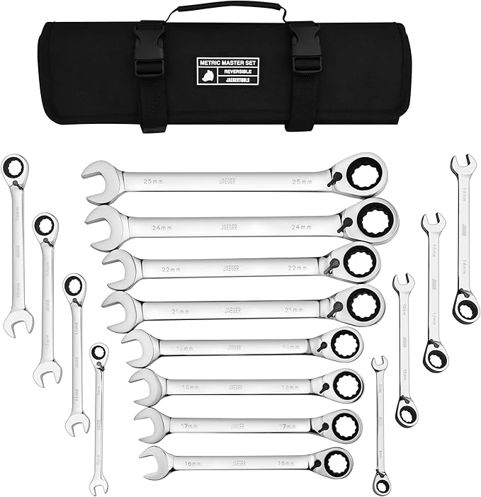 Jaeger 16pc MM/Metric Reversible Ratcheting Combination Wrench Set With BEAR KEEPER Rollup Case