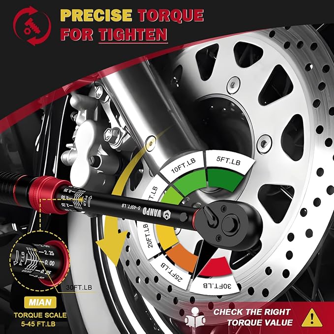 VANPO 3/8-inch Drive Click Torque Wrench, 5-45 Ft-Lb/6.8-61Nm, ±3% Accuracy, Dual-Direction, 72 Tooth, Aluminum Adjustable Torque Wrench for Bike, Motorcycle, Car Spark