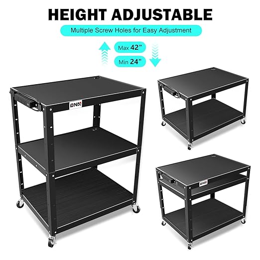 DNA Motoring 3-Layer Utility Steel AV Cart with Wheels Power Strip, 35" x 25" x 24"-42" Height Adjustable Rolling Projector Cart,TOOLS-00137