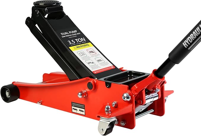 Floor Jack, Low Profile Steel Heavy Duty Hydraulic Trolley Racing Car Jack with Dual Piston Quick Lift Pump, 3.5 Ton (7000 lbs) Capacity, Lifting Range 4"-21", Red