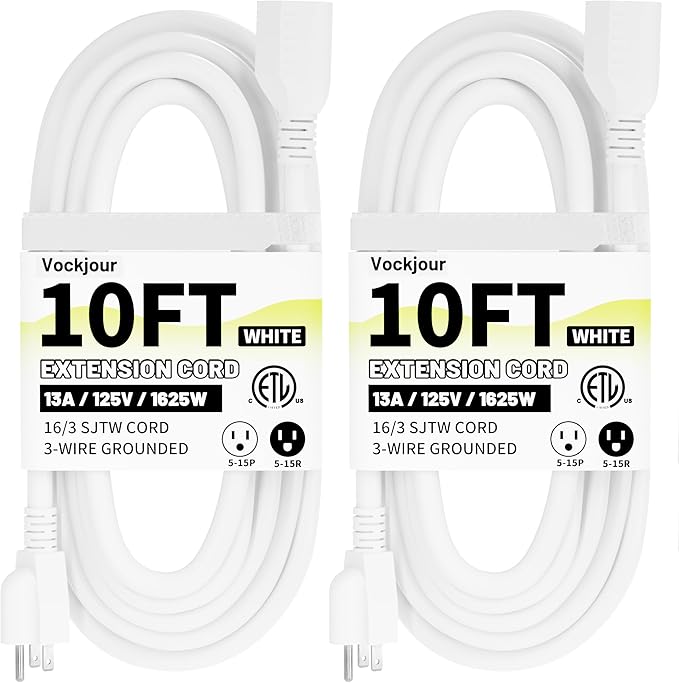 16/3 White Indoor Outdoor Extension Cord 10 Ft 2 Pack Waterproof, Extension Cord with 3 Prong Grounded Plug,13A 1625W 16AWG SJTW, Flexible Weatherproof Power Cable